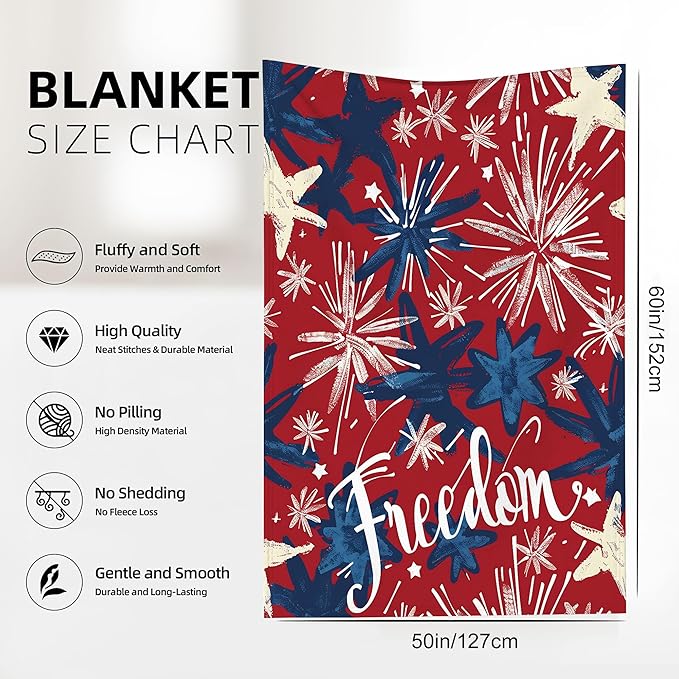 Throw Blanket, Independence Day Throw Blankets for Adult Kids Boys Girls, Freedom Fireworks Star Decor Gifts for Home Bed Couch 50x60 Inches