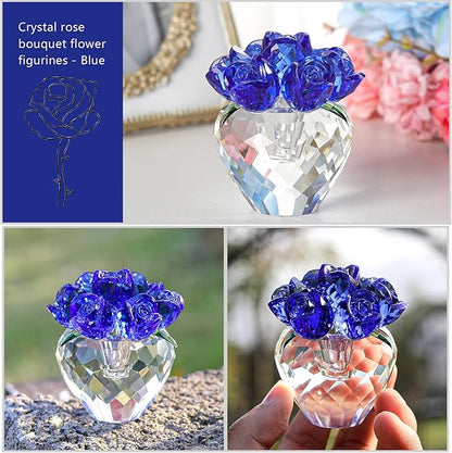 LONGWIN Crystal Rose Flower Figurines Collectible Glass Spring Bouquet with Vase Home Decor Romantic Gifts for Women Blue