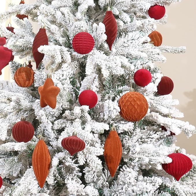 SY Super Bang 30PCS Velvet Christmas Ornaments Set, Flocked Shatterproof Assorted Hanging Xmas Tree Ball Decorations, for Home Party Holiday Decor, Coffee, Burgundy