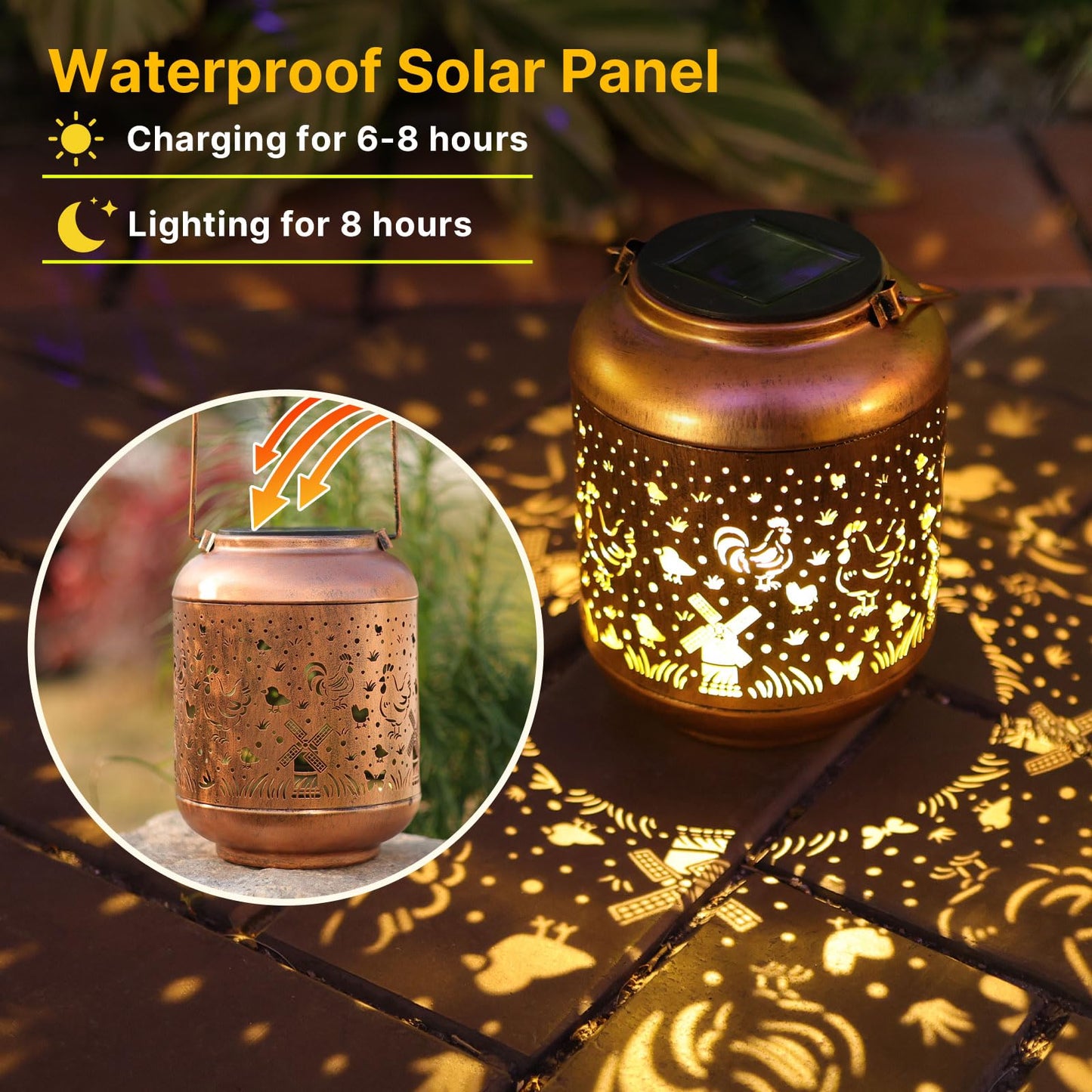 Chicken Solar Lanterns Outdoor Waterproof Hanging Solar Lights Birthday Gifts for Women Men Mom Metal Decorative Outside for Garden Yard,Patio,Lawn,Porch,Backyard,Tabletop Decor