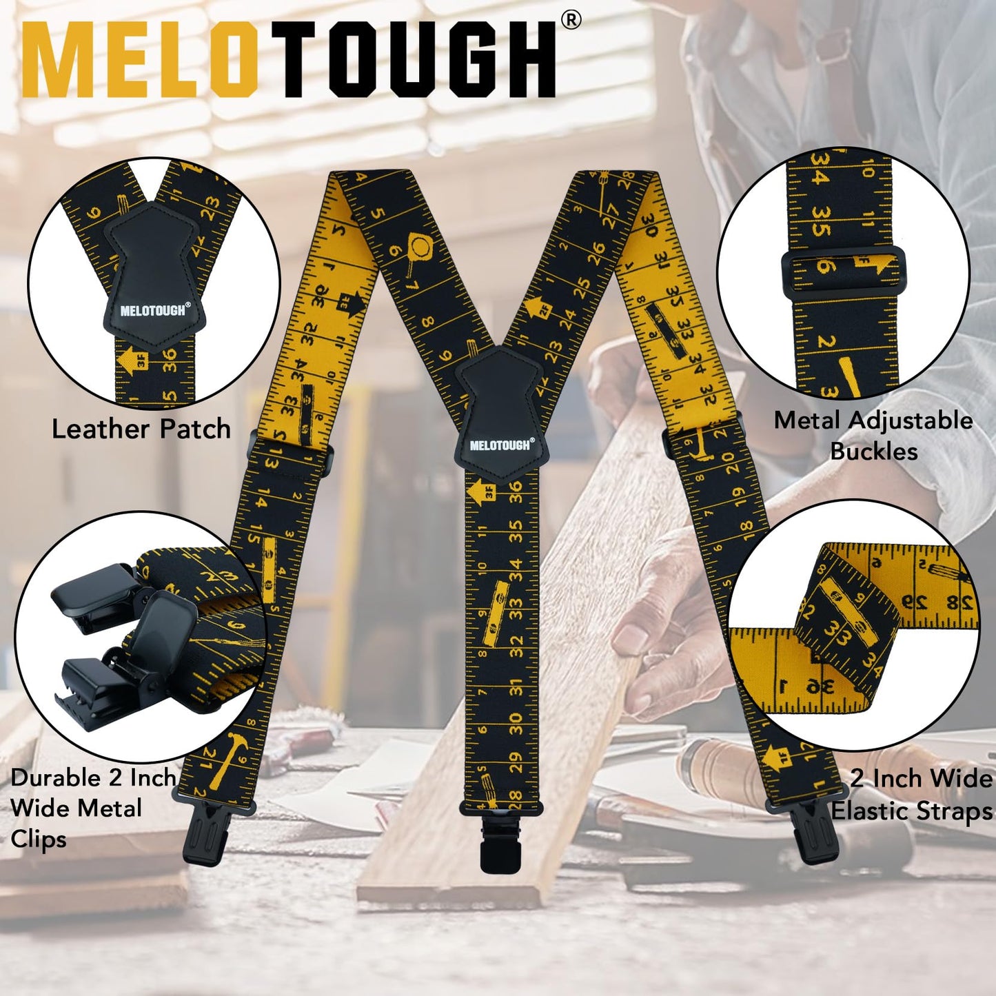 MELOTOUGH Men's Suspenders,Y Back Suspenders,2 Inch Wide Suspenders,Clip On Suspenders for Men,Tape Measure Suspenders,Men Suspenders for Jeans,Work Suspenders for Men,Suspender for Men Big and Tall