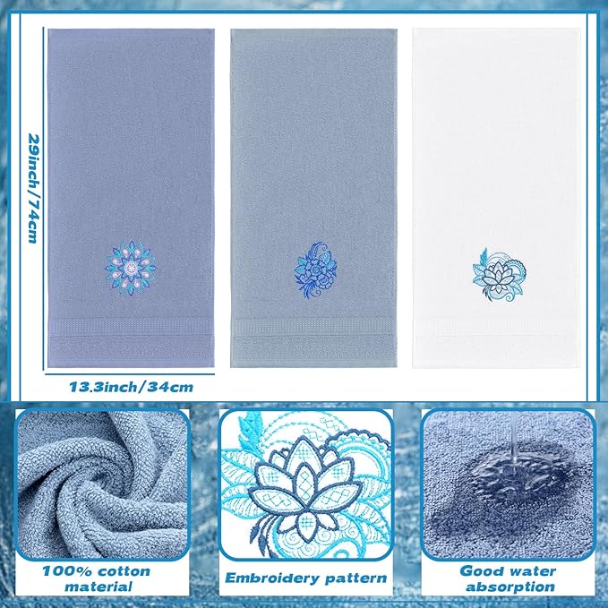 3 Pcs Mandala Hand Towels Mandala Flower Boho Bathroom Decor 14x29 Inch