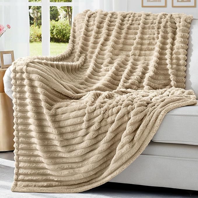 decorUhome Soft Fleece Light Brown Throw Blanket for Couch, Cozy Fluffy Plush Flannel Striped Blanket for Sofa Bed, Lightweight Decorative Ribbed Fuzzy Blanket for Woman, 50x60 Inches