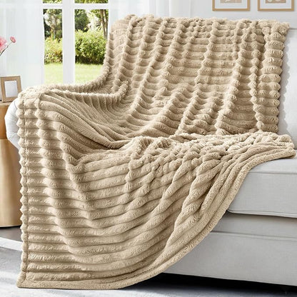 decorUhome Soft Fleece Light Brown Throw Blanket for Couch, Cozy Fluffy Plush Flannel Striped Blanket for Sofa Bed, Lightweight Decorative Ribbed Fuzzy Blanket for Woman, 50x60 Inches