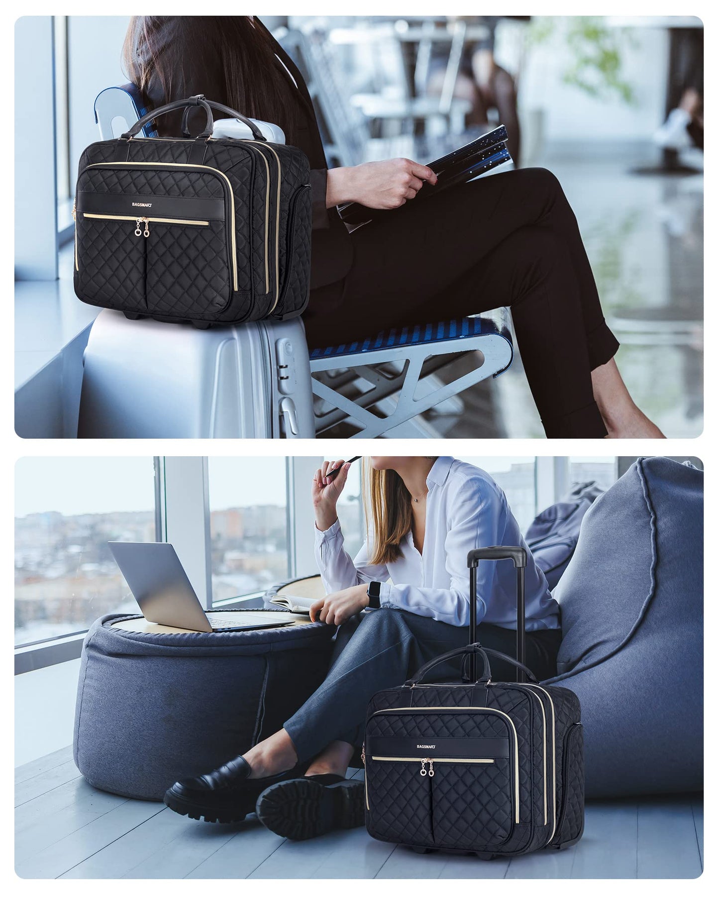 BAGSMART Rolling Laptop Bag Women, 17.3-Inch Quilted Briefcase on Wheels, Computer Case for Business Travel Work