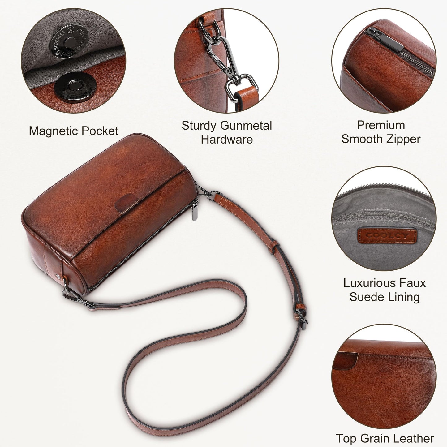 Genuine Leather Crossbody Purses Bag for Women,Travel Casual Handbag Bag, Small Shoulder Cross body Purse with Two Adjustable Straps(Brown)