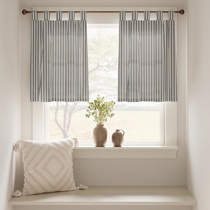jinchan Tab Top Linen Kitchen Curtains 24 Inches Striped Tier Curtains Farmhouse Modern Cafe Style Small Window Treatments Airy Light Filtering Rod Pocket for Living Room Bathroom 2 Panels Blue