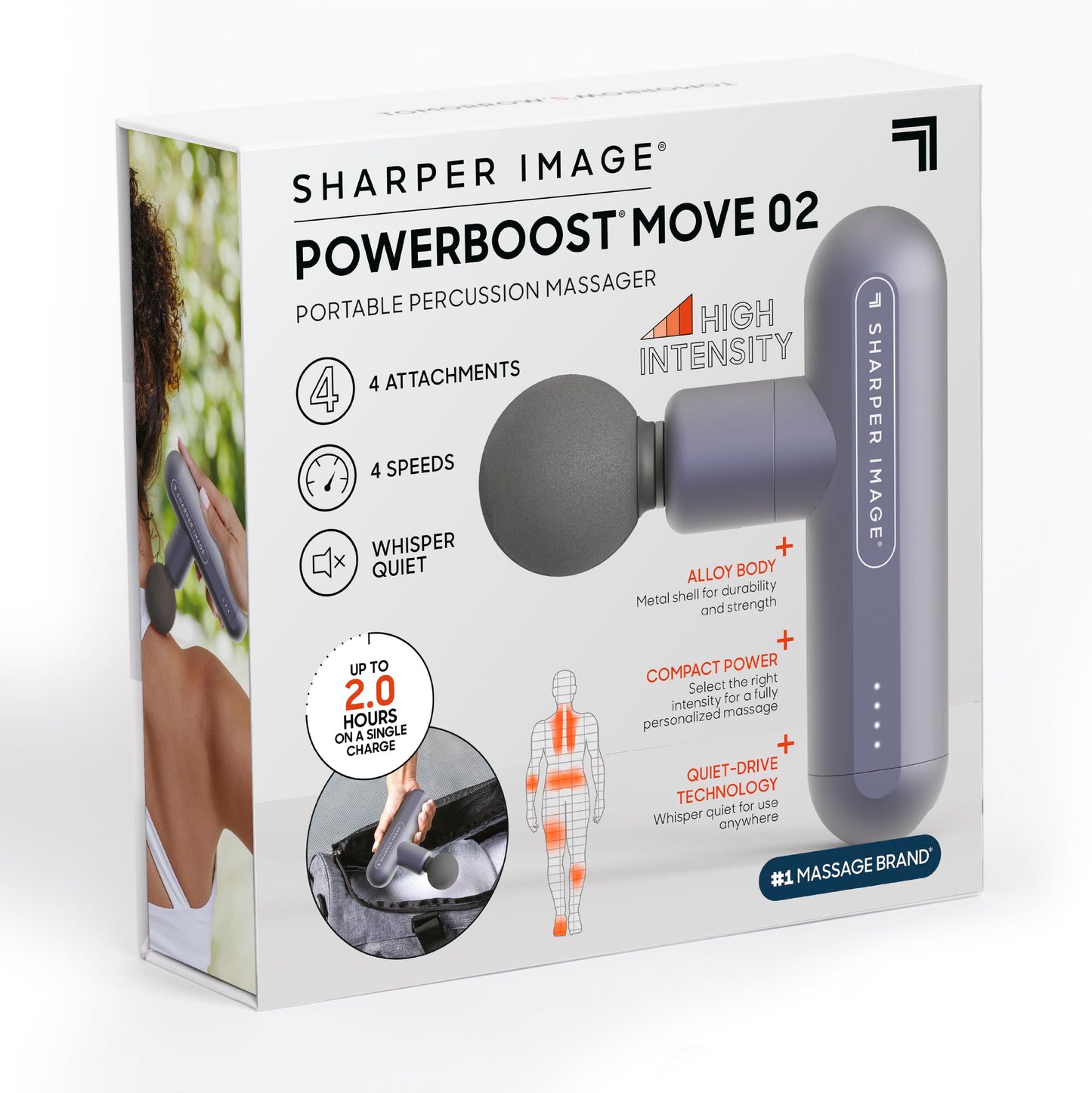 Sharper Image Percussion Massage Gun, Powerboost Move, Lightweight & Portable, 4 Attachments, 4 Speeds, Full Body Back & Shoulder Massager for Deep Tissue Muscle Recovery, Pain Relief & Soreness
