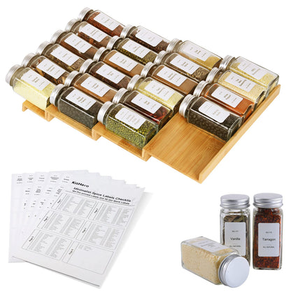 Spice Drawer Organizer with 24 Spice Jars and 216 Labels,Non-slip Rubber, Bamboo 4 Tier Spice Racks Tray Seasoning Containers for Kitchen Drawers,Cabinets,Countertops,13" Wide * 15.8" Deep