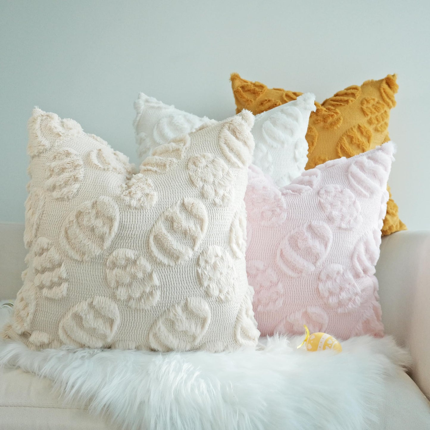 JOJUSIS Decorative Pillow Covers Pack of 4 Spring Throw Pillowcases Faux Fur Couch Cushion Easter Egg 18 x 18 Inch