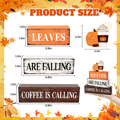 4 Pcs Fall Decor Wooden Tiered Tray Decor, Pumpkin Coffee Fall Decorations Gifts for Home, Autumn Thanksgiving Table Centerpiece for Autumn Harvest Party Kitchen