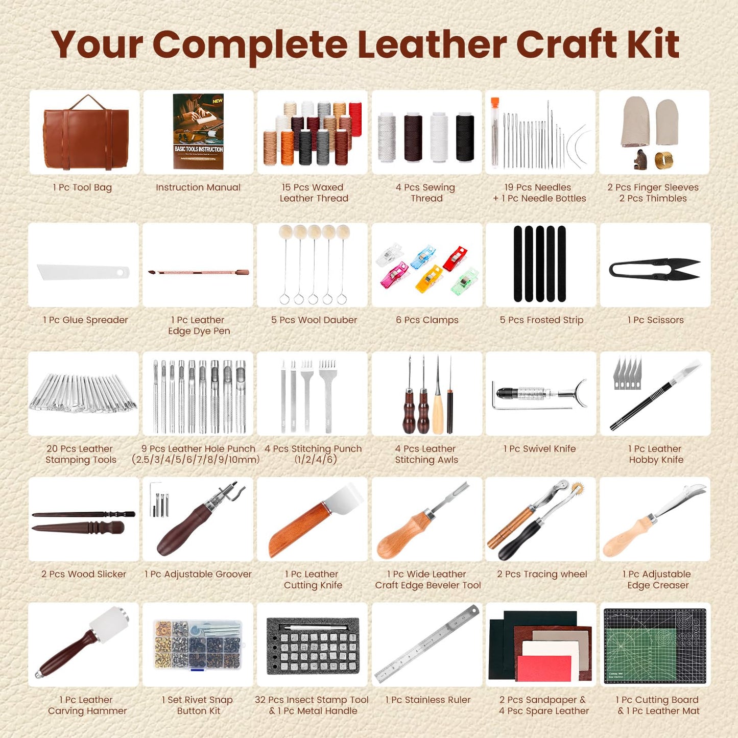 ZAMQIU Leather Working Kit, 155-Piece Leather Tooling Kit with Carving Stamping Sewing Punching Cutting, Leatherworking Tool Set for Beginners, DIY Craft Starter Set for Wallet, Belt, Bag Making