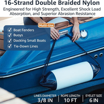 PACTHSD 3/8" x 10' Boat Fender Lines (4-Pack) - Double Braided Nylon Dock Lines for Boats - Marine Grade Fender Ropes with 6" Eye Loop - Soft, Durable Boat Accessories for Pontoon and Small Boats