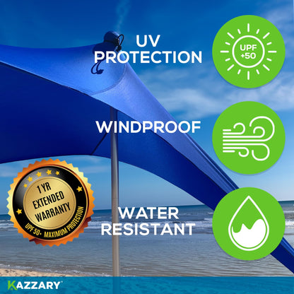 KAZZARY Beach Tent, UPF50+ 10x10 ft Sun Shade Canopy with Sandbags, 4 Stability Poles, Ground Pegs, Flying Disc Sand Shovel. Lightweight Sunshade Shelter, 7ft Tall for Camping Outdoor Trips and Sports