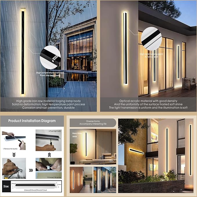 2Pack-39INCH Long Outdoor LED Wall Lights,30W Waterproof IP65 Warm White 120V LED Wall Mount Light Fixture Acrylic Black Exterior Wall Lights for House Courtyard Balcony Porch