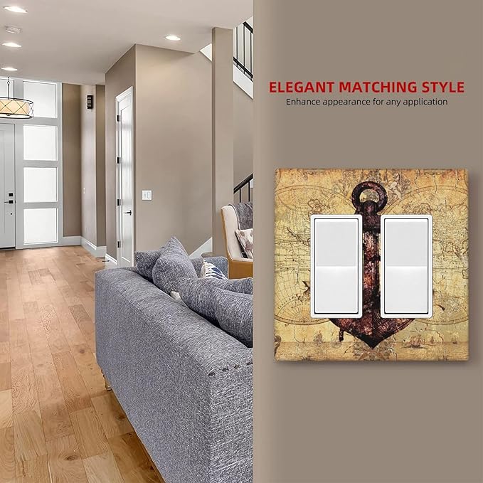 Anchor Nautical Vintage Map Double Rocker Light Switch Cover 2 Gang Outlet Wall Plate Decorative GFCI Switchplate Electrical Faceplate for Office Livingroom Home Decor