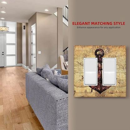 Anchor Nautical Vintage Map Double Rocker Light Switch Cover 2 Gang Outlet Wall Plate Decorative GFCI Switchplate Electrical Faceplate for Office Livingroom Home Decor