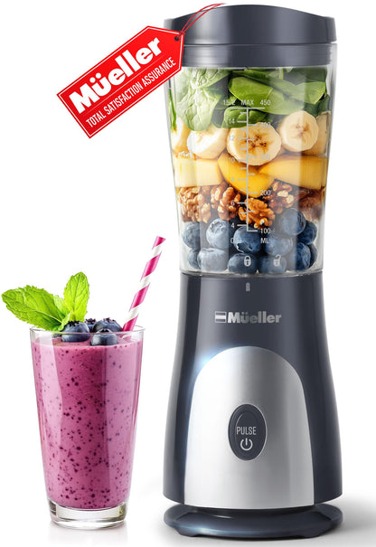 Mueller Smoothie Blender for Smoothies - Personal Blender for Shakes, Frozen Drinks, Baby Food & More, 15oz Travel Cup and Lid, Durable Stainless Steel Blades for Powerful Blending Performance, Black