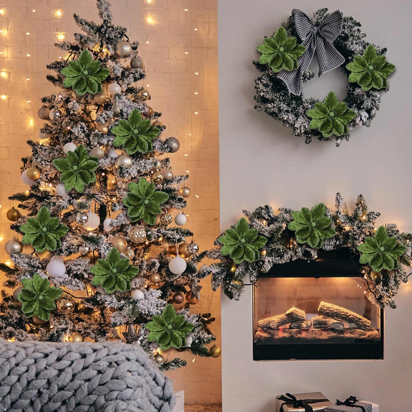 Thiccywoov 8 Pcs Large 12'' Christmas Flower Forest Green Magnolia Flowers Christmas Tree Decoration Artificial Poinsettia Stems Velvet Xmas Ornaments for Xmas Tree Table Decor
