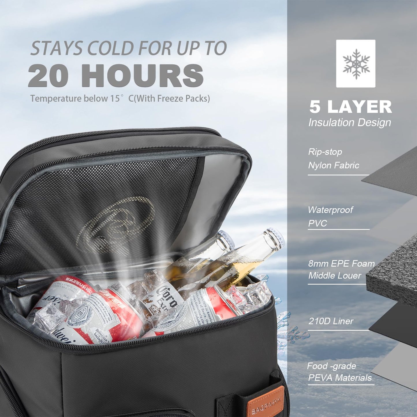 Insulated Cooler Backpack,Bagparkk 33 Cans Multifunctional Double Deck Leakproof Cooler Bag with Sternum Strap,Large Capacity Lightweight Travel Camping Beach Backpack Cooler Ice Chest for Men Women