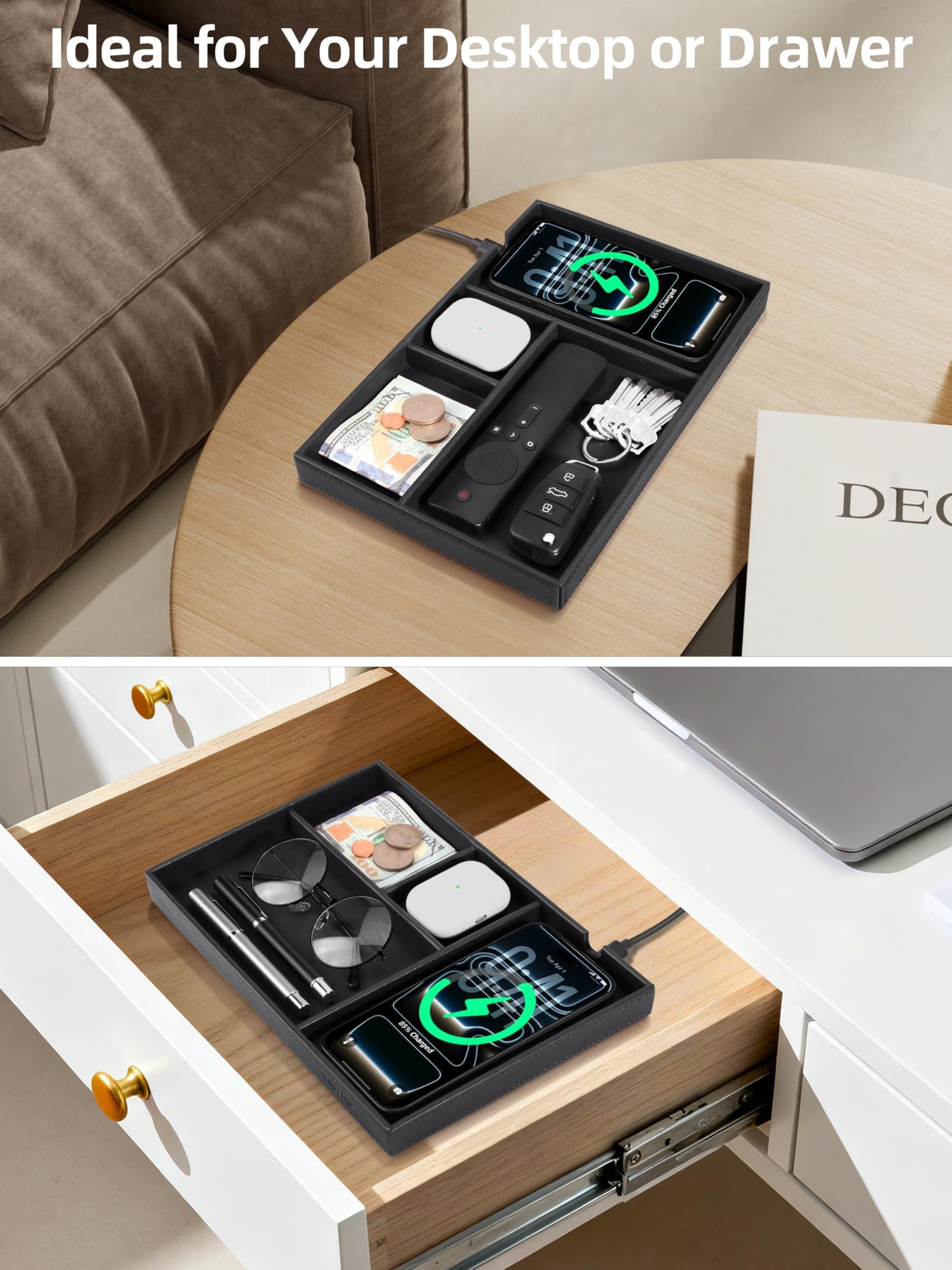 Valet Tray, Built-in Wireless Chargers, PU Leather Nightstand Organizer, Desk Bedside Caddy Organizer Tray for Men Women, EDC Catchall Trays for Keys, Watch, Phone, Jewelry, Black