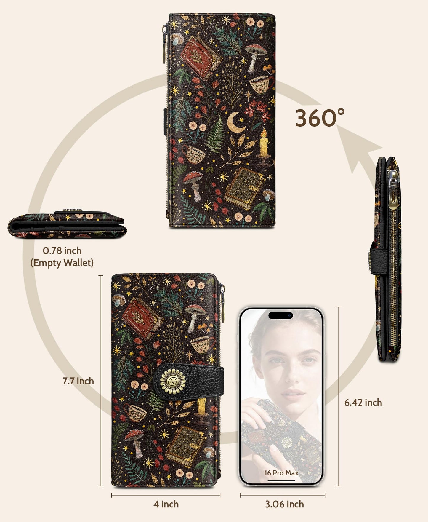 GIANCOMICS Book Mushroom Womens Wallet RFID Blocking, Credit Card Holder Bifold, PU Leather Travel Billfold, Long Cute Cash Purse, Zipper Coin Pocket Clutch, 11 Card Slots, Ladies Gift Woman