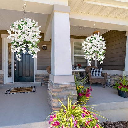 2PCS Bougainvillea Artificial Hanging Flowers Plants for Outdoors Outside Fall Decoration, Faux Silk Flowers Fake Vines UV Resistant Look Real Realistic for Front Door Porch Planter Balcony, White