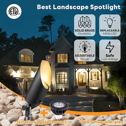 Gardenreet Brass Spot Light Low Voltage - Outdoor Landscape Spotlights, 12V Landscaping LED Uplights, Hard-Wired All Weather Black for Backyard Lawn with Cold White Changeable Bulbs (8 Pack)