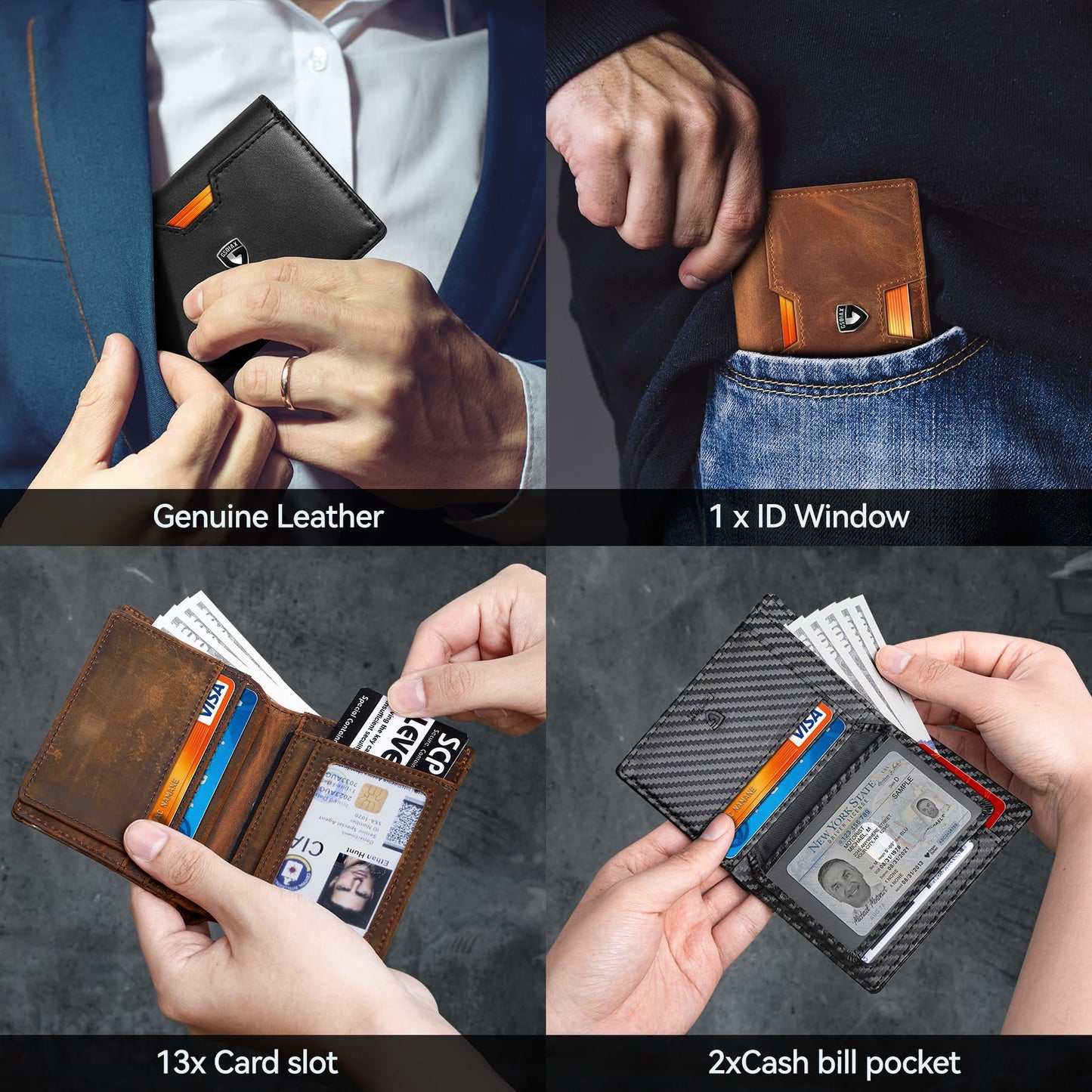 GSOIAX Wallet for Men, Slim Top Grain Leather Wallet with 13 Card Slots & 1 Bill Compartment - RFID Blocking Thin Minimalist Bifold, Front Pocket Credit Card Holder, Mens Birthday Gift (Brown)