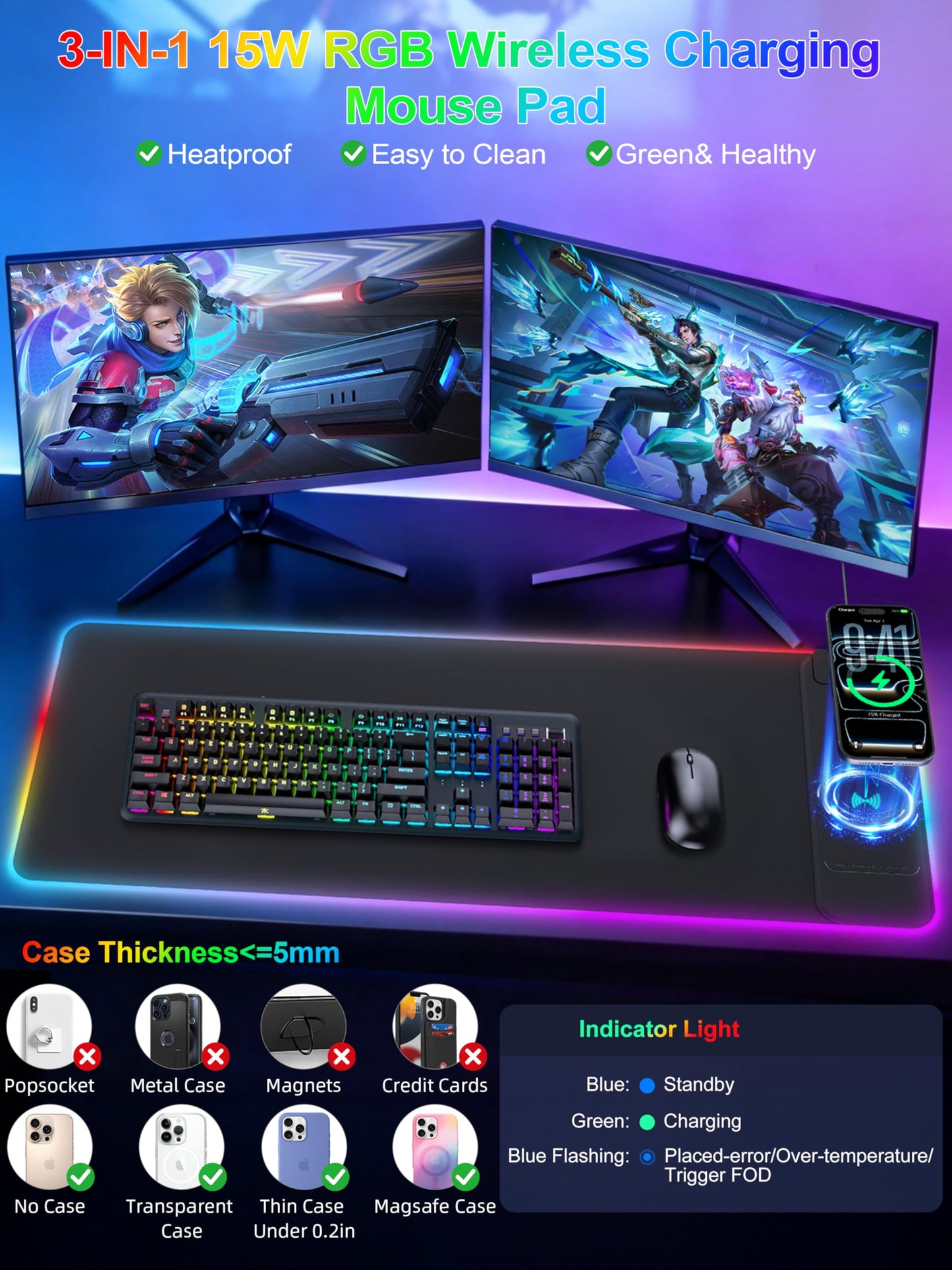 Mouse Pad with 15W Wireless Charging, RGB Gaming Mousepad, 31.5"x11.8" Large XXL Desk Mat, 16 Lighting Modes Keyboard Pad with Non-Slip Rubber Base, Waterproof Computer Mat for Gaming, Black-Right