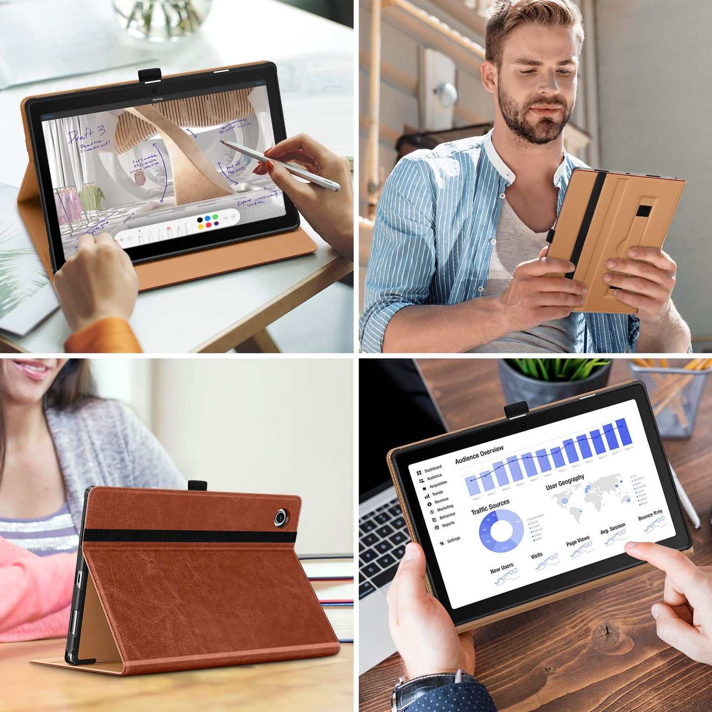 DTTO for Samsung Galaxy Tab A8 10.5 Inch Case 2022, Premium Leather Business Folio Stand Cover with Built-in Hand Strap for Galaxy Tab A8 10.5" 2022 Model [SM-X200/X205/X207], Brown