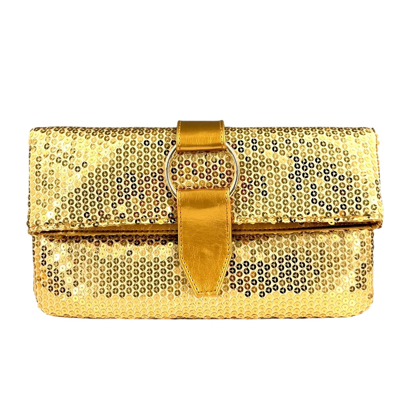 Evening Clutch Bag for Women, Sequin/Patent Leather/Woven PU Leather Clutch with Metal O-Ring Buckle Closure (Gold Sequin)