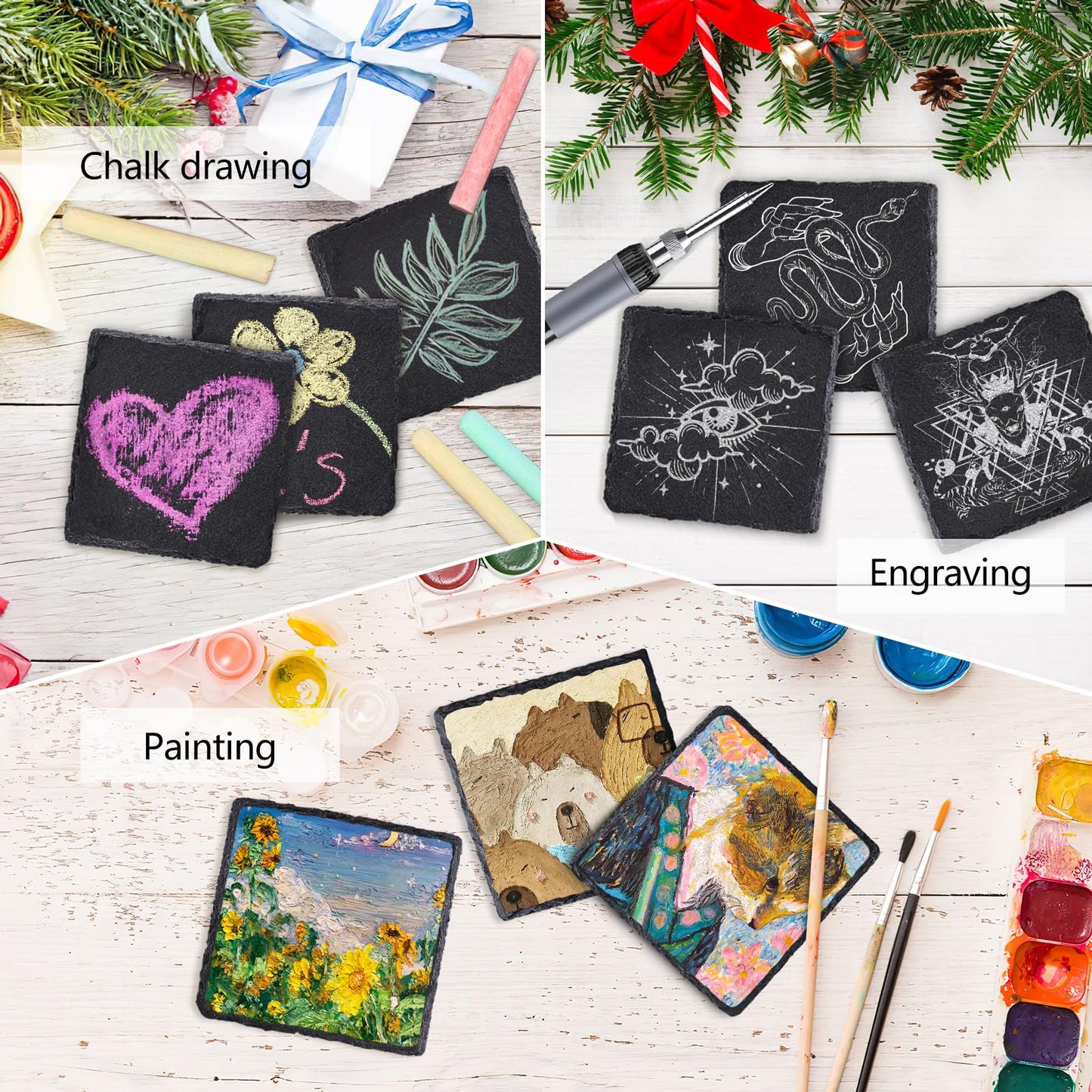4 PCS Square Slate Drink Coasters Set, SIJDIEE 4 Inch Laser Engraving Black Slate Stone Coasters with Anti-Scratch Bottom and Coaster Holder for Office Bar Kitchen Home Dinner Table Decor Supplies