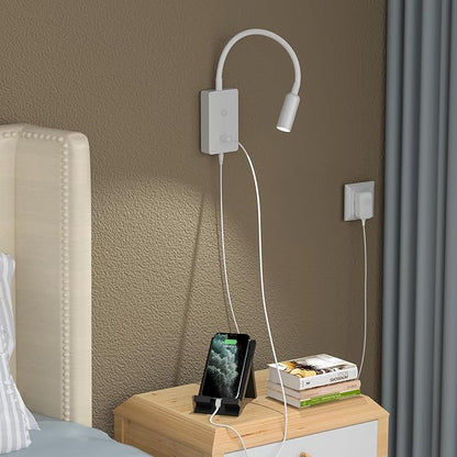 LED Wall Mounted Bedside Reading Light, Touch Dimmable Spot Lamp for Bedroom Headboard Light with 5V2A USB Port, Flexible Gooseneck, 4 Brightness Levels, Neutral White 4000K Lighting