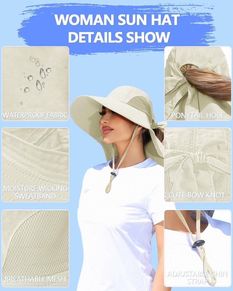Women's UV Protection Sun Hat - Wide Brim Fishing Hat with Ponytail Hole & Neck Flap | Ideal for Beach, Hiking, Camping