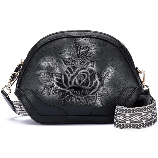 VIMUTI Embossed Rose Crossbody Bags for Women, Soft Vegan Leather Small Purse with Adjustable Wide Strap, Boho Shoulder Handbag with Multi Pockets, Lightweight Everyday Bag