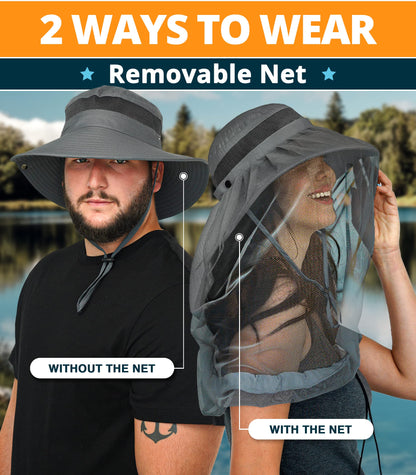 GearTOP Fishing Hat UPF 50+ Wide Brim Sun Hat for Men and Women, Mens Bucket Hats with UV Protection for Hiking Beach Hats (Dark Gray with Mosquito Net)