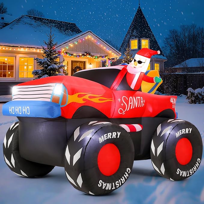 7FT Christmas Inflatables Outdoor, Santa Claus on Monster Truck Blow Up Yard Decor with Built-in LED Lights, Waterproof Xmas Decorations for Garden Lawn Holiday Party
