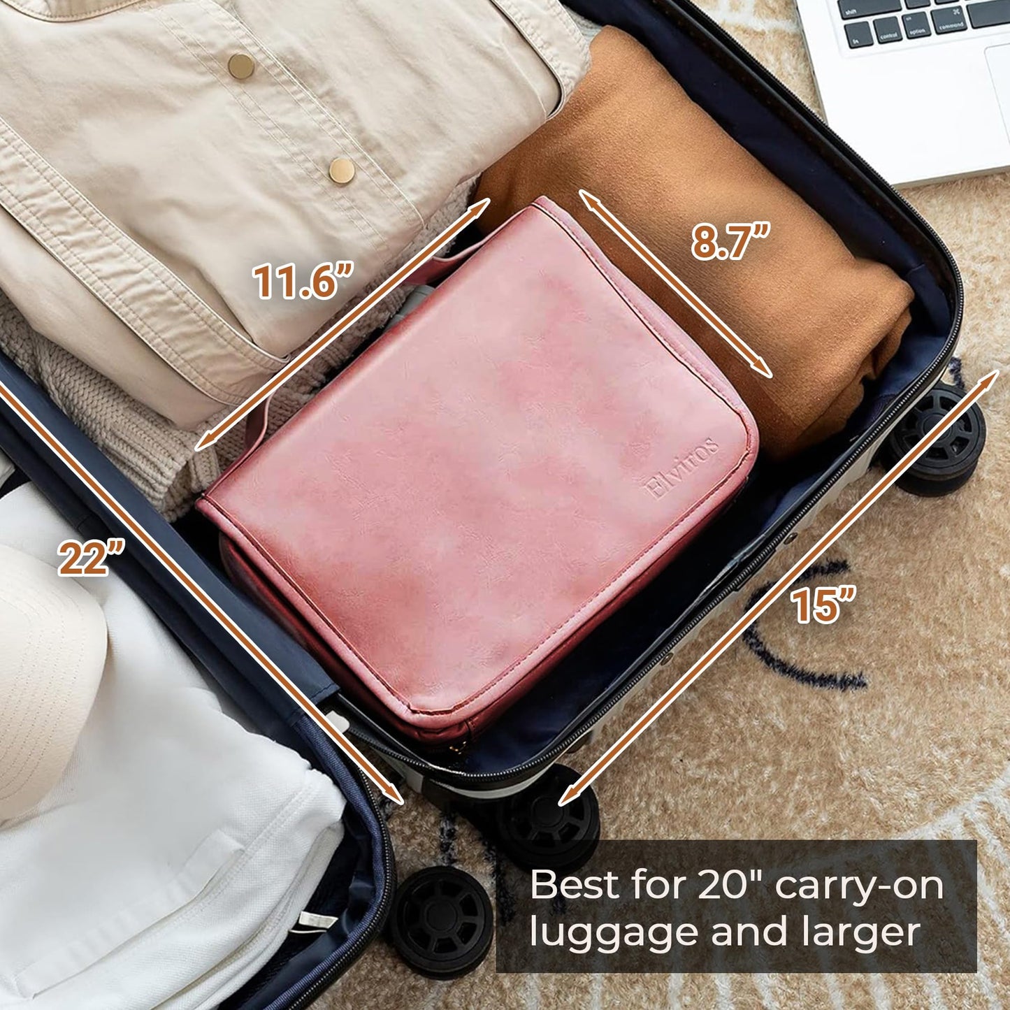 Elviros Hanging Travel Toiletry Bag for Women, 3-in-1 Large Makeup Bag and Cosmetic Organizer, Vegan Leather Waterproof Skincare Case for Travel Size Toiletries and Accessories, Gift for Women