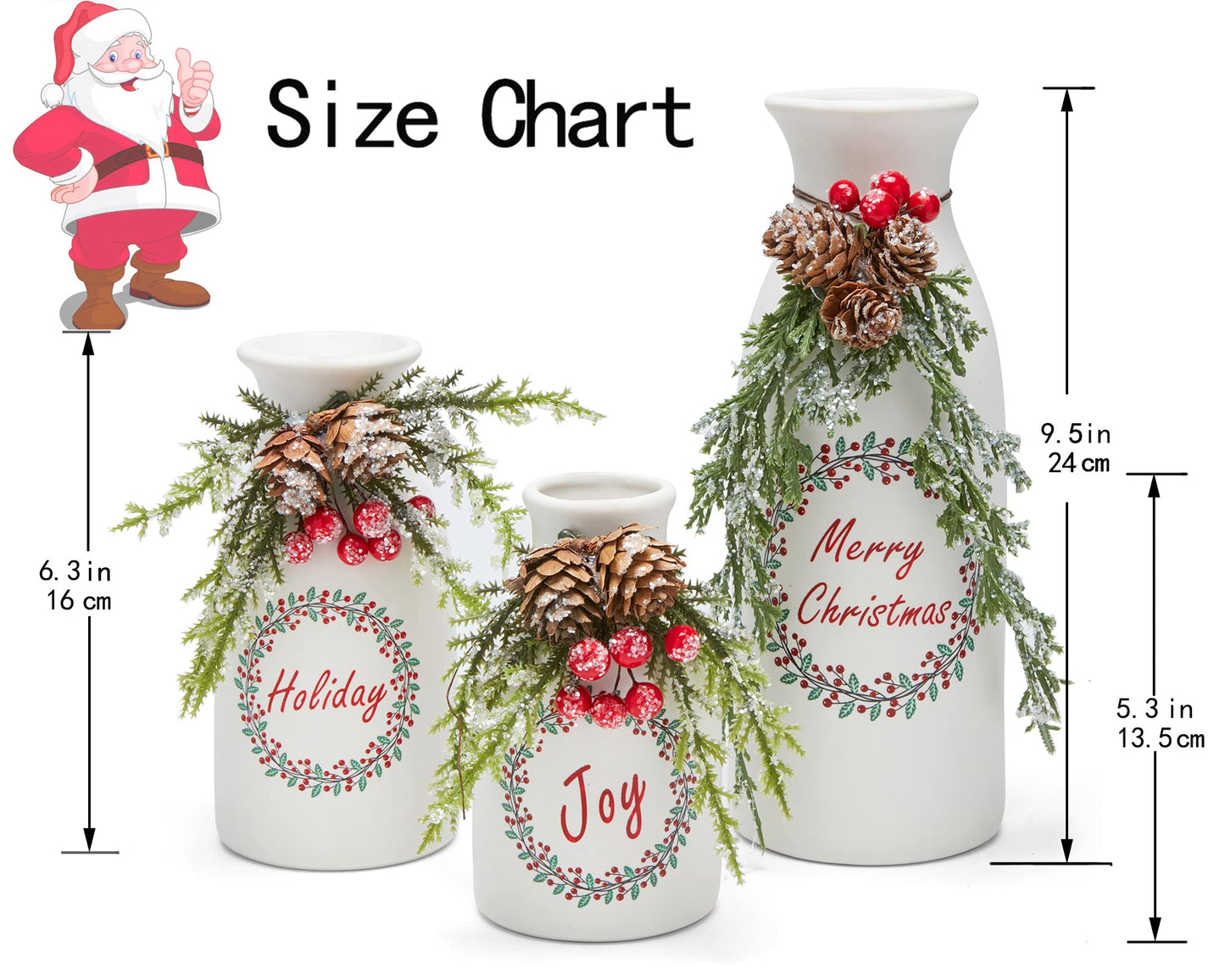 Wortour Artificial Christmas 3-Piece Set Flocked with Mixed Xmas Decorations Ceramic White Bottles