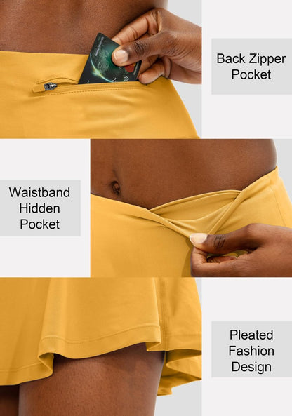 SANTINY Pleated Tennis Skirt for Women with 4 Pockets Women's High Waisted Athletic Golf Skorts Skirts for Running Casual (Yellow_M)