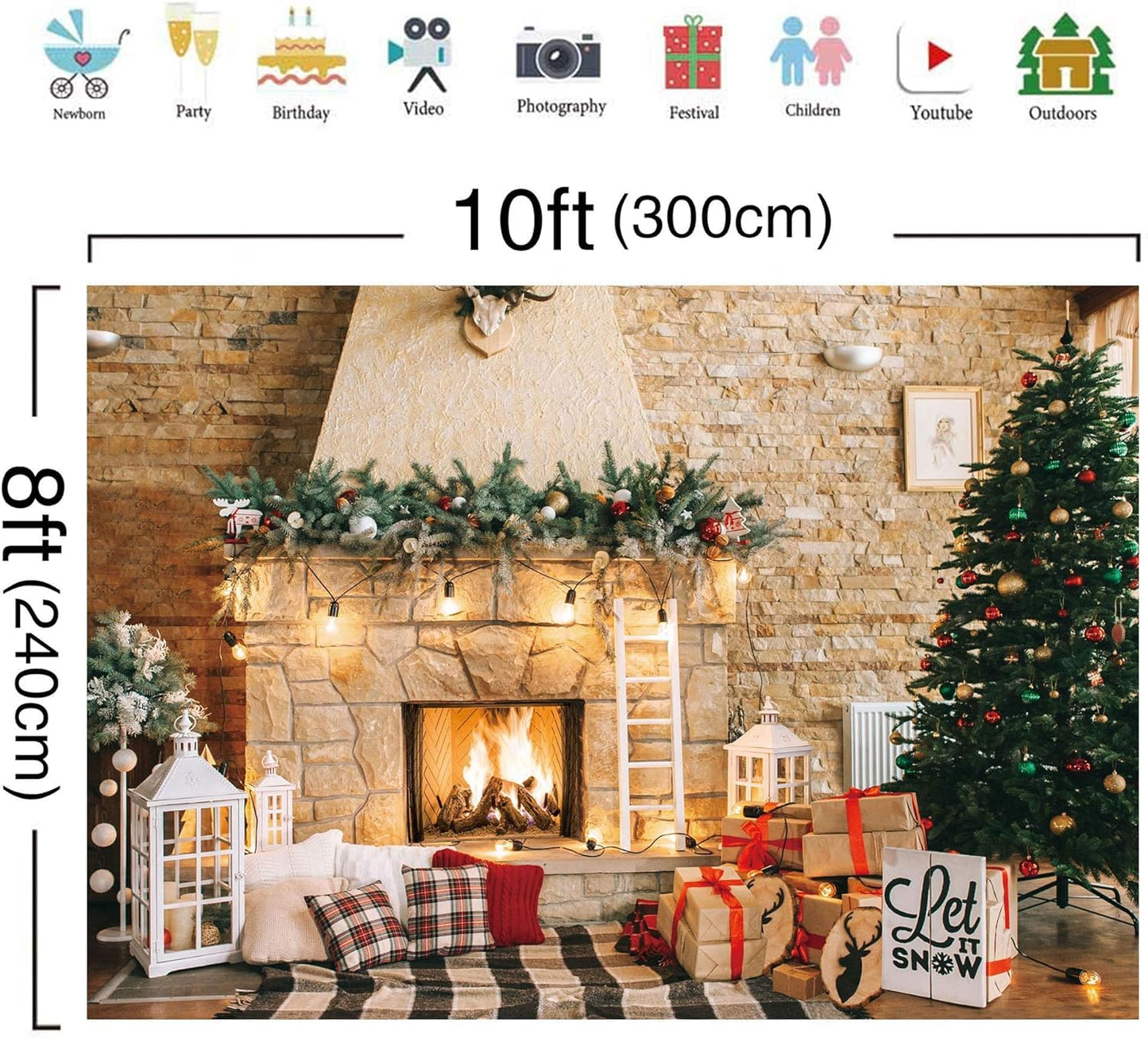 Haboke 10x8ft Christmas Fireplace Theme Backdrop for Photography Christmas Tree Decorations for Xmas Party Supplies Background Pictures Banner Photo Studio Decor Booth Props