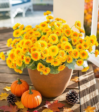 HyeFlora Dahlia Artificial Fall Flowers for Outdoors Autumn Decoration, 6 Bundles Fake Mums Yellow Faux Flowers Plants Realistic UV Resistant Silk Flowers for Outside Planter Front Door Yard Garden