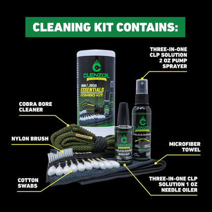 CLENZOIL Field & Range Pistol & Rifle Essentials Gun Cleaning Kit | CLP Spray & Oiler with Bores Cleaner | Clean, Lubricate & Protect | Nylon Brush, Bore Swabs & Microfiber (9mm | 38 Caliber)