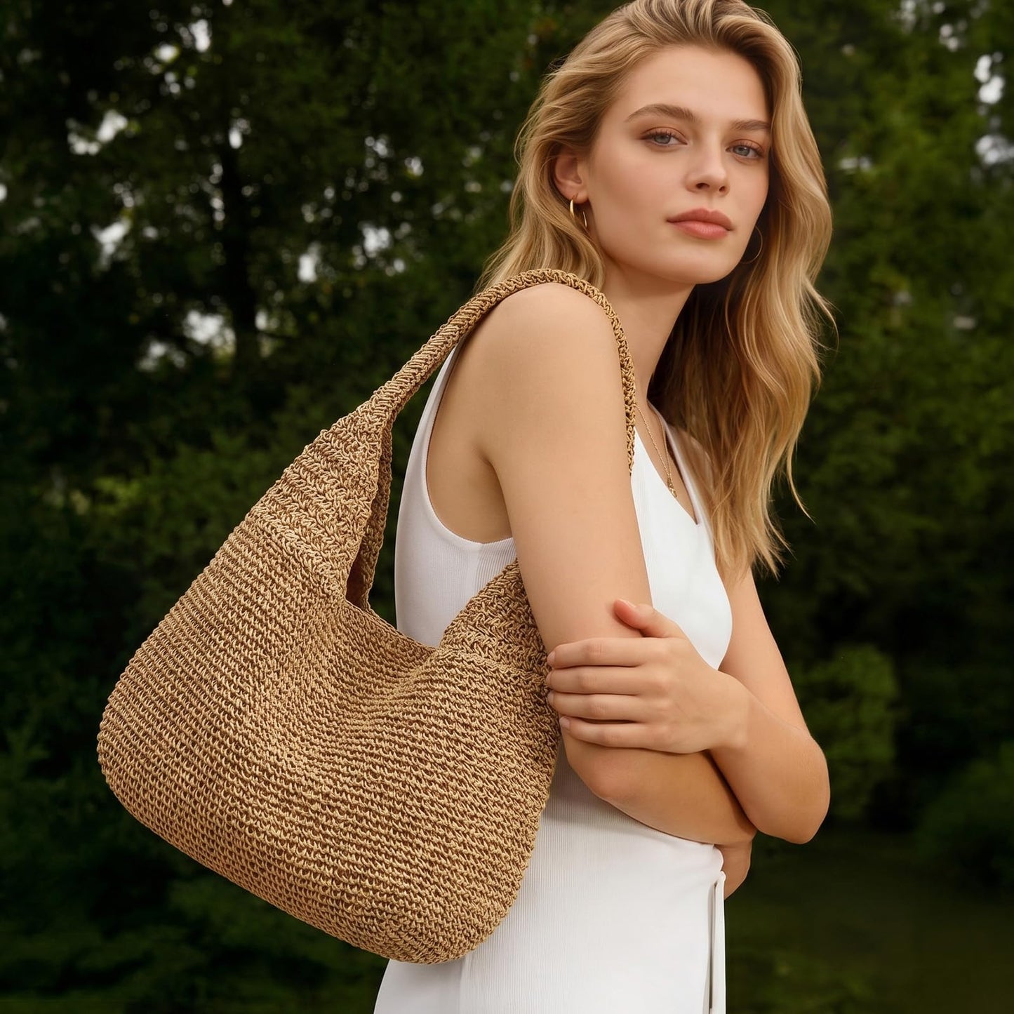 XquiziFit Beach Bags for Women Boho Straw Purse Summer Woven Shoulder Bag Handbag Crochet Mesh Tote Bag Vacation Purse Khaki