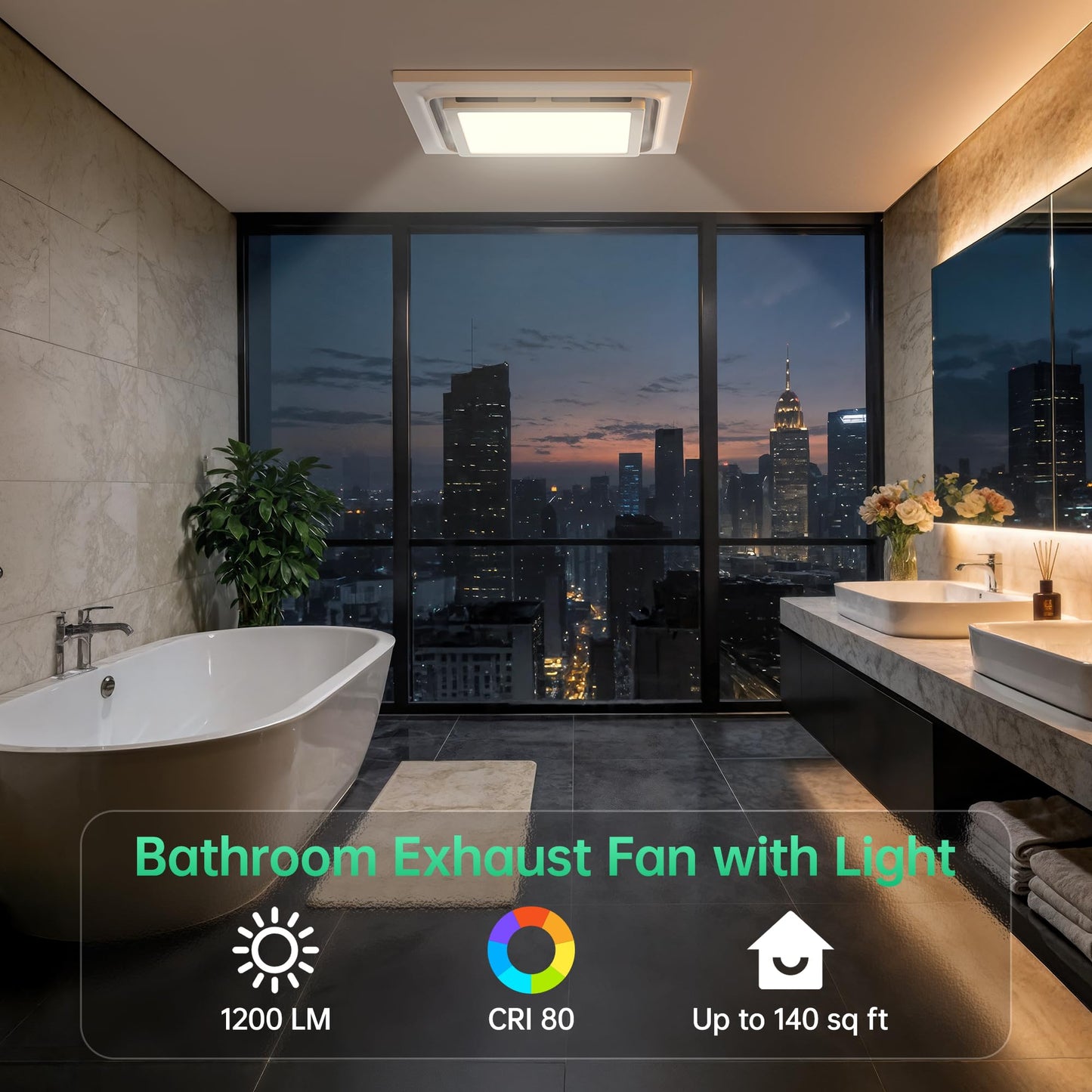 VallisCo 12 Inch Bathroom Exhaust Fan with Light, 110 CFM 1.0 Sone Ultra Quiet Ceiling Ventilation Fan, 3-Color Adjustable LED 1200 LM, Energy Efficient, 4" Duct & 10" x 10" Cutout, 12 Inch Panel Size