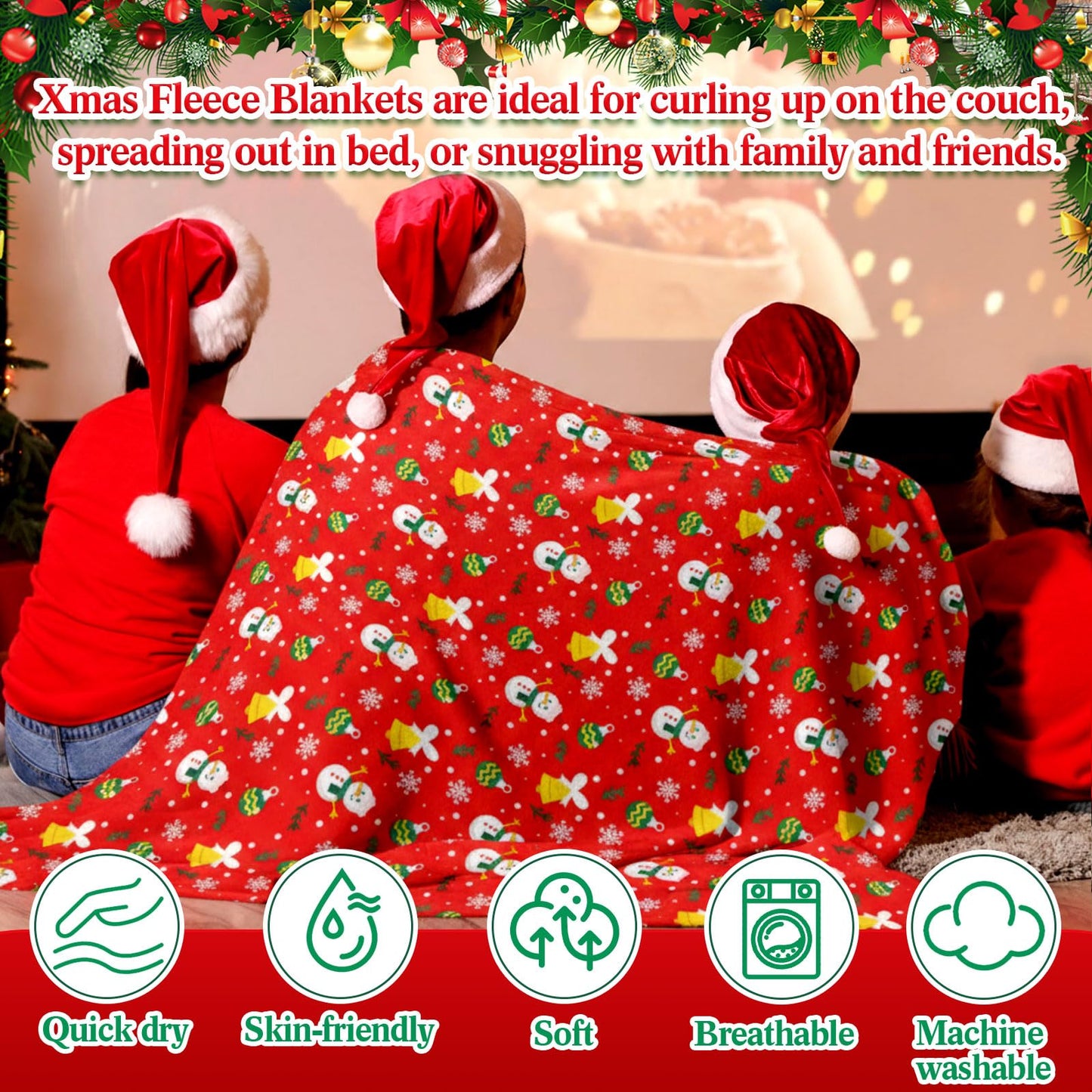 Windkream 12 Pcs Christmas Throw Blankets with Ribbon Xmas Fleece Blankets Gingerbread Snowman Lightweight Soft Warm Plush Couch Throw for Living Room Home Decor(60 x 80 Inch)