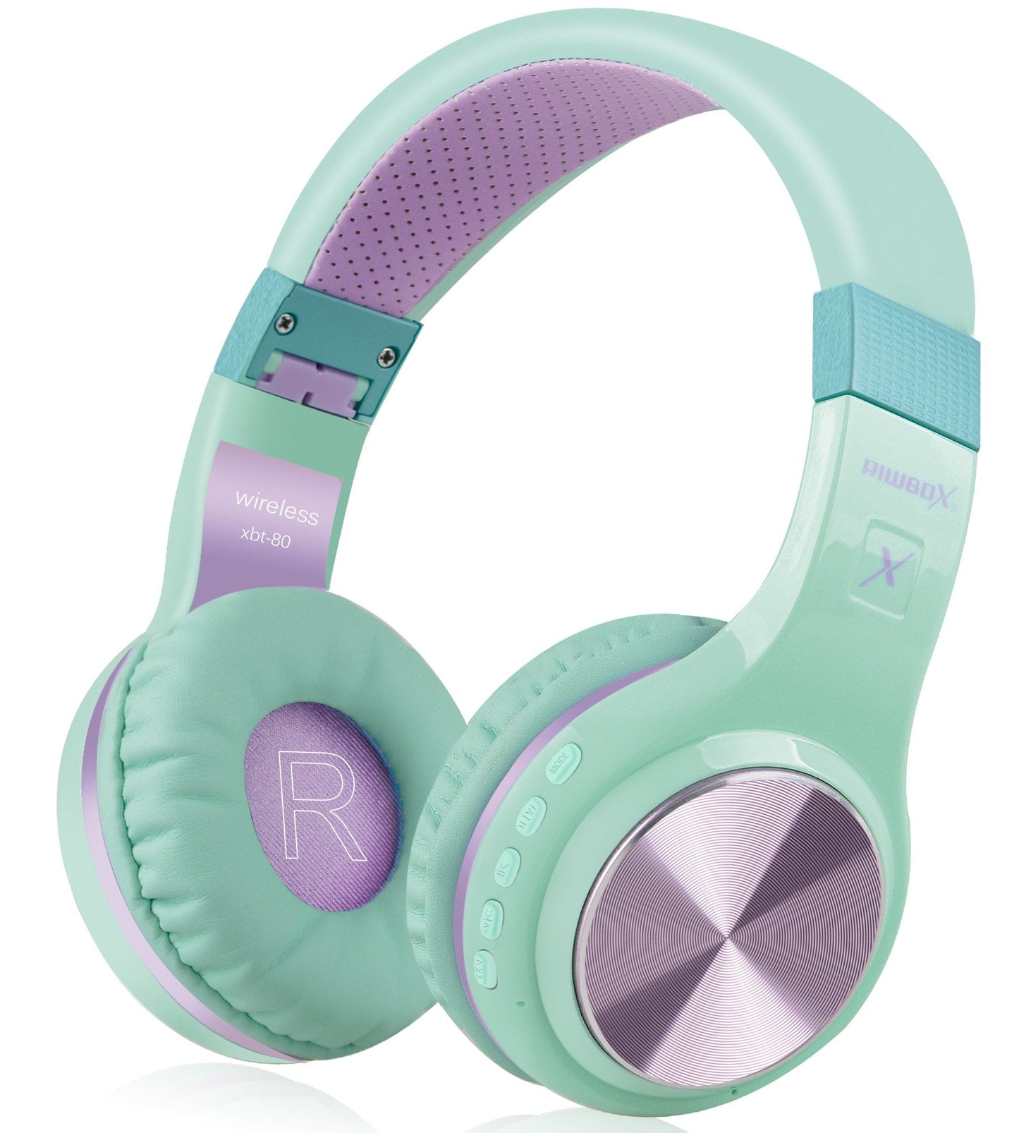 Riwbox Bluetooth Headphones, XBT-80 Folding Stereo Wireless Bluetooth Headphones Over Ear with Microphone and Volume Control, Wireless and Wired Headset for PC/Cell Phones/TV/Gym (Purple Green)