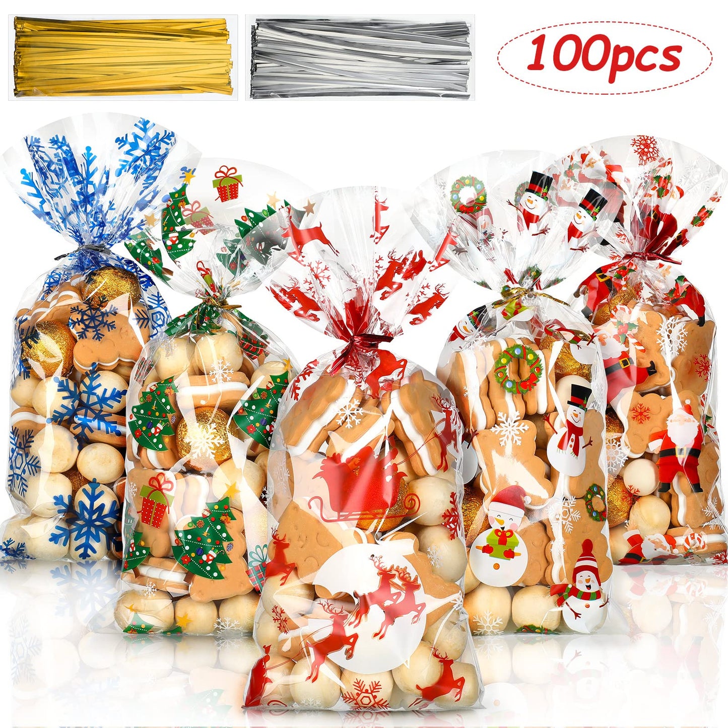 Outus 100 Pieces Christmas Cellophane Treat Bags, Plastic Christmas Cello Bags with Twist Ties for Candy, Cookie, Goodies, Gift Wrap, Xmas Party Favor Supplies (Santa)