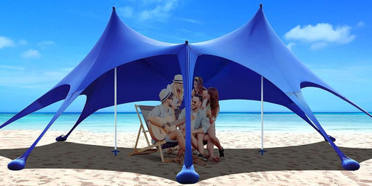 Beach Tent - 20 x 13ft Camping Sun Shelter with UPF50+ Protection | Includes 8 Sandbags, Shovels, Pegs & Stability Poles - Blue
